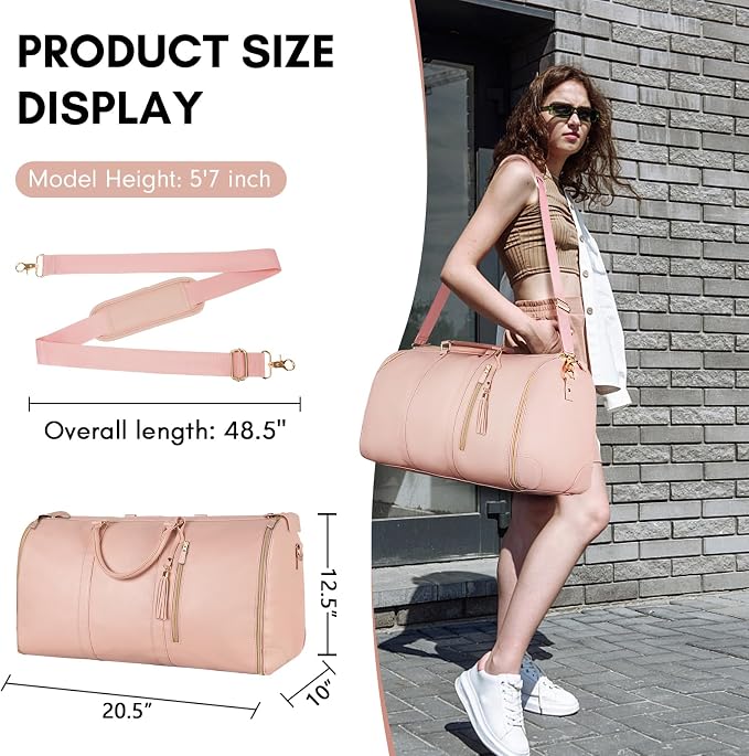 Ytonet Garment Duffle Bags for Travel, Convertible Carry On Garment Bag for Women, Large PU Leather Foldable Travel Bag with Shoe Pouch, 2 in 1 Hanging Suitcase Dress Suit Travel Bags, Pink