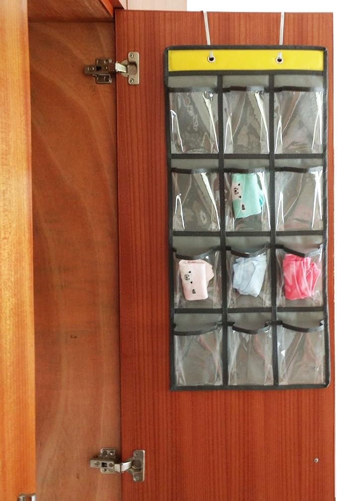 2 Pcs Classroom Pocket Chart Cell Phone Organizer Calculator Holder Over The Door Hanging Storage for Sock Underwear Jewelry with 12 Clear Pockets (Grey)