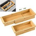 LemonRoad 2 Pcs Sliding Drawer Organizer 12.4-17.7 Inch Bin Bamboo Drawer Expandable Bins Utensil Organizer for Kitchen Spoons Forks Knives (Wood)