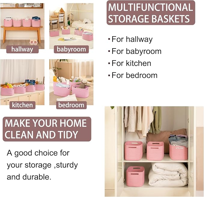 OIAHOMY 4 Pack Storage Baskets for Organizing, Cube Storage Bins for Shelves, Rectangle Storage Baskets With Handles, Woven Baskets for Storage, 12.7''Lx9''Wx7.8''H, Pink