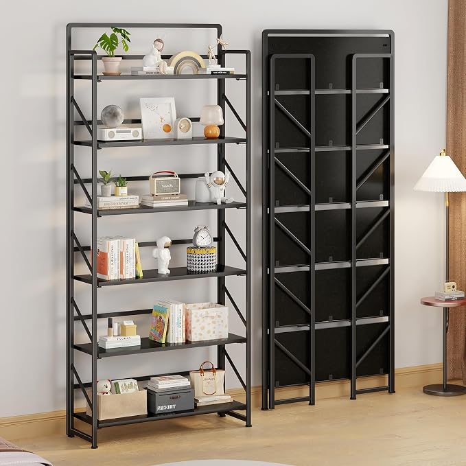 JSB 6 Tier No Assembly Folding Bookshelf, 30.3" Wide Foldable Storage Bookcase for Home Office, Space-Saving Storage Shelf for Living Room (Black)