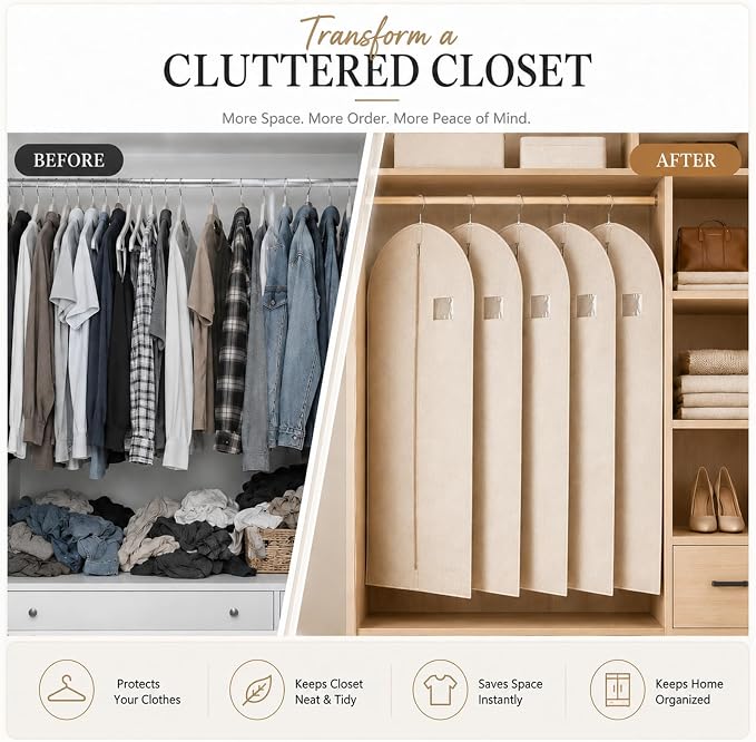 5 Pack Cotton Garment Bags for Hanging Clothes, 24 x 40 Inch | Breathable Canvas Suit Bags Linen Hanging Suit Cover for Closet Storage Short Dresses Suits Gowns Travel Garment Cover