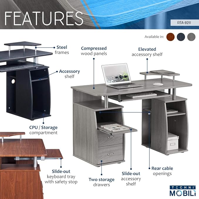 Techni Mobili 47" Computer Desk w/Drawers,Storage & Printer Shelf,Espresso | 47" desk with drawers, printer shelf, pull‑out keyboard tray, open storage, sturdy frame, spacious workstation home office