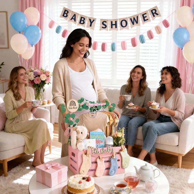Wooden Baby Shower Crate Closet - Personalized Baby Gift Baskets with Hangers, Large Blush Pink Newborn Shower Crate Box for New Mom Boys Girls