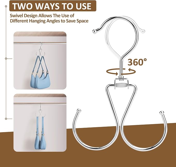 ZEDODIER 6 Pack Purse Hanger Bag Organizer for Closet, Heavy Duty Rotatable Purse Holder with 12 Storage Capacity, Bag Storage Rack for Purses Bags Backpacks, Silver