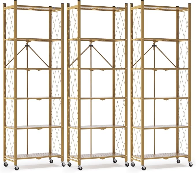ALANNG 73.6 Inch Folding Bookshelf, 6 Tier Metal Bookcase and Bookshelves | Tall Shelves for Living Room Office Bedroom, Heavy Duty Book Shelve Free Standing Open (Gold, 3PACK)