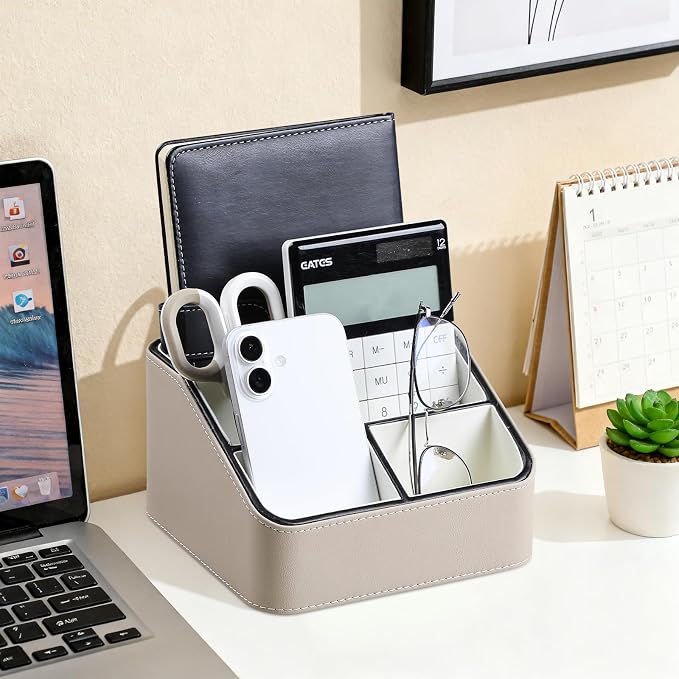 PU Leather Remote Control Holder, Nightstand Organizer with 4 Compartments | Luxury Desk Caddy with Velvet Lining, Small Desk Organizer for Living Room, Bedroom, Bedside, End Table, 6.8" x 6.7" x 4"