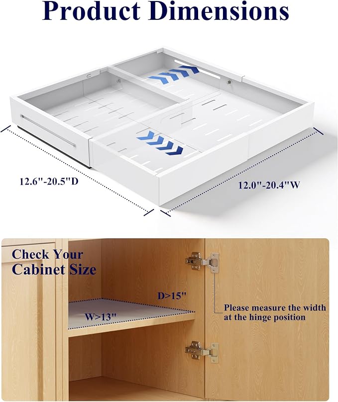 Kitsure Pull Out Cabinet Organizer - 2 Pack(12.6"-20.5" D x 12"-20.4" W) Expandable Sliding Cabinet Shelves, Smooth Glide Drawer Organizer, Kitchen & Pantry Storage, Framed & Frameless Cabinets