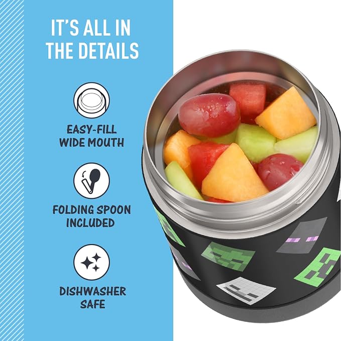 THERMOS FUNTAINER Insulated Food Jar – 10 Ounce – Kid Friendly Food Jar with Foldable Spoon, Minecraft