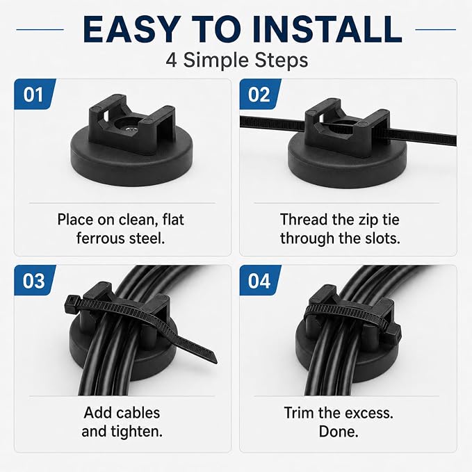 20 Pcs 36 mm Magnetic Zip Tie Mount Base with 200 Black Zip Ties, 25 lb Pull Force Large Magnetic Cable Clips, Magnet Wire Holder and Cable Tie Mounts for Wire Cord Organizer on Steel Surfaces