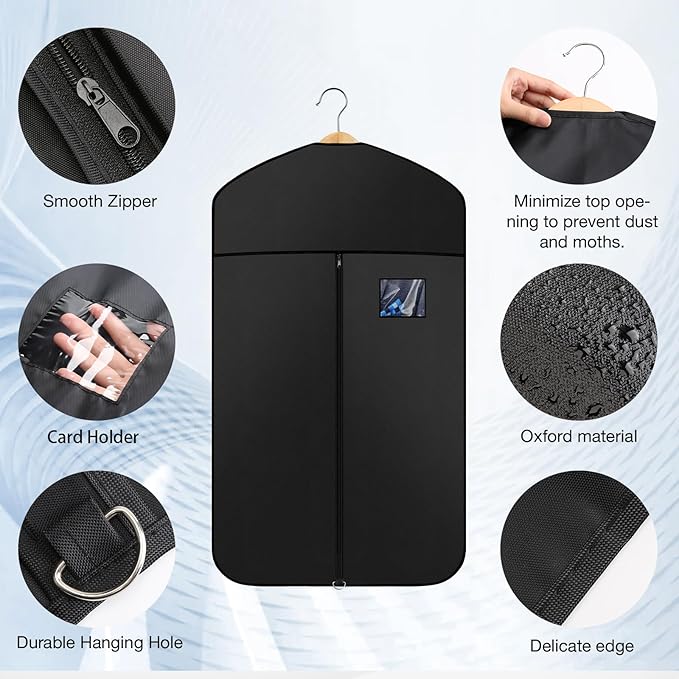 Premium Oxford Fabric Garment Bag Hanging Clothes Travel Suit Bag with Clear Window for Suits, Coats, T-Shirts, Jackets. (Black, 40-inch-2 packs)