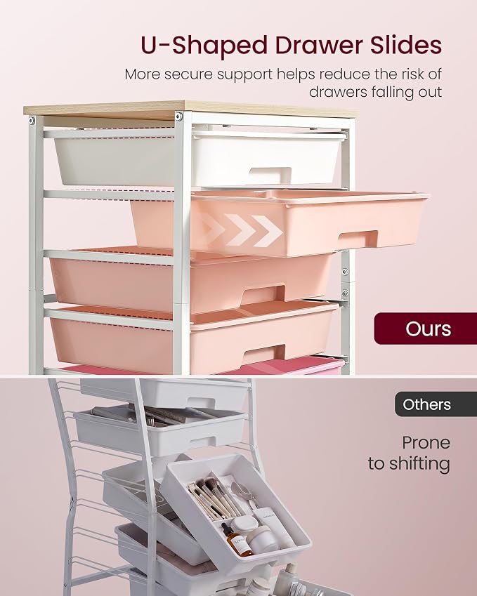 VASAGLE 8-Drawer Rolling Storage Cart, Utility Cart with Wheels and Wood Top, Craft Organizer for Office and Home, 15.6 x 11.2 x 30.1 inch, Pink and White, BENCO Collection ULRC006S101