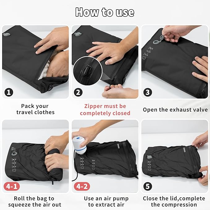 6 Set Vacuum Bags for Travel, Professional IPX8 Reusable Organizer, Compression Packing cube for Suitcases, Durable Seal Space Saver Bags -Traveling/Skiing Essentials (Black with Pump)