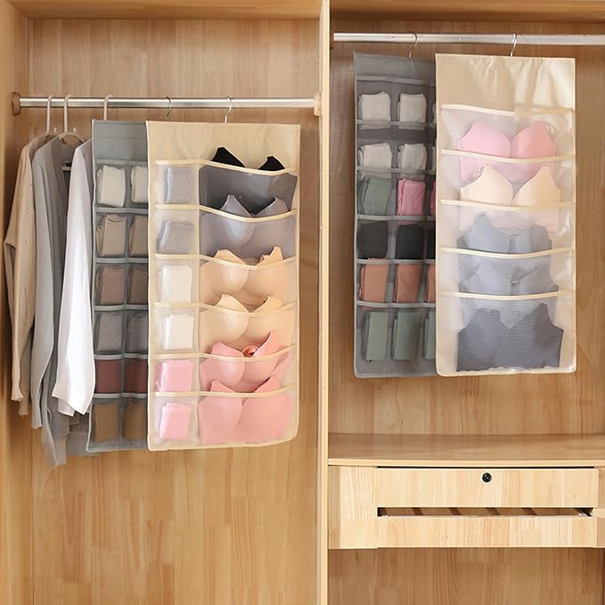 Closet Hanging Organizer with 24 Mesh Pockets Double-Sided Hanging Closet Organizer Wardrobe Storage Bags for Baby Clothes Bra Underwear Socks Diapers Panties Bras Lingerie Set Scarves Tights