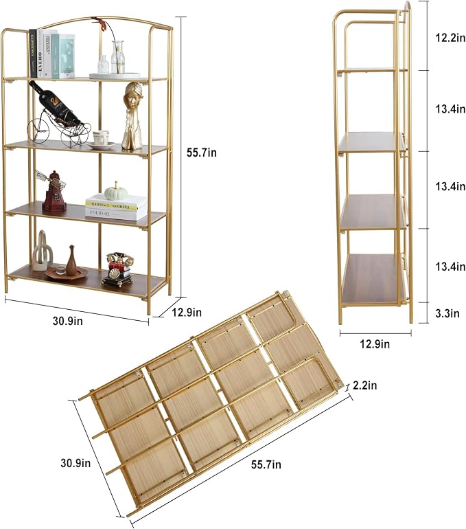 Crofy 4-Tier Wider Foldable Bookshelf, Gold Frame & Walnut Shelves | No-Assembly Collapsible Portable Storage Organizer; Sturdy Walnut Finish Shelves; Ideal for Living Room & Home Office