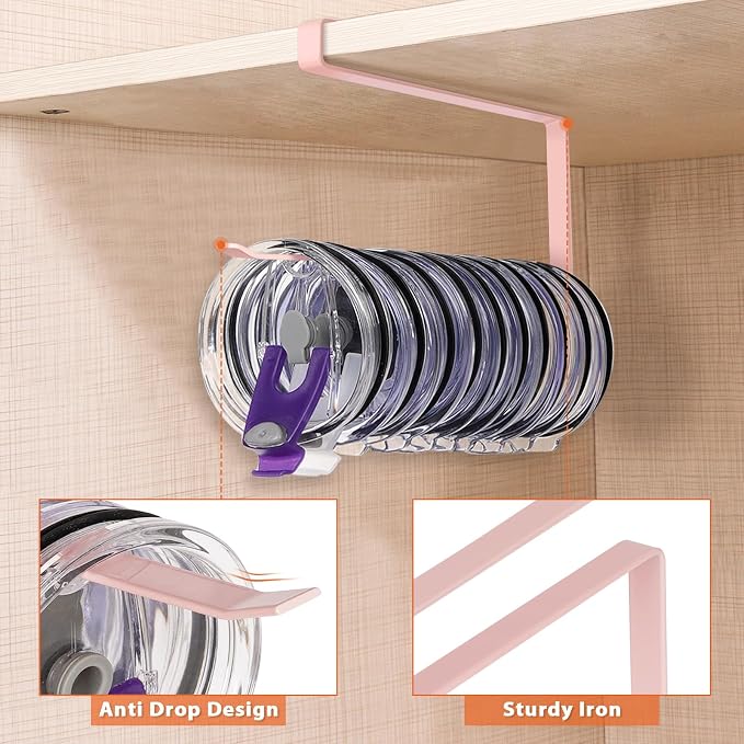 Tumbler Lid Organizer, Versatile Tumbler Lid Storage Holds 10 Lids, Pink | Space Saving Cup Lid Organizers Inside Cabinet Tumbler Lid Hook for Kitchen Organizer and Storage, Paper Towel Rack Hanger