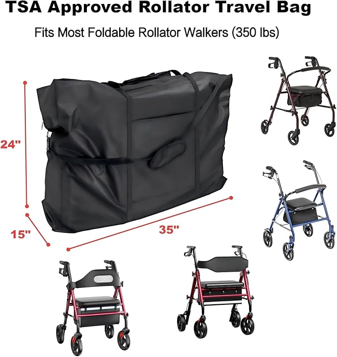 Walker Travel Bag for Airplanes – Rollator Carry Case for Folding Rollators, Compact Wheelchairs & Transport Chairs, Waterproof Protective Storage Bag - Black, 35" W x 24" H x 15" D