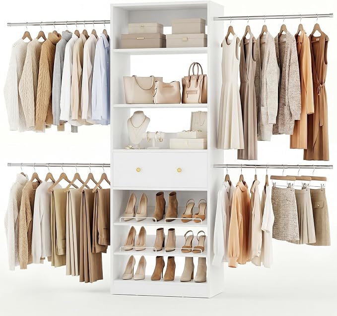 Armocity Wood Closet Organizer System - 4FT-9FT Expandable Wardrobe Closet with Drawer & 4 Hanging Rods, Heavy Duty Walk-in Closet 1000Lbs for Bedroom Walk-in Closet, White
