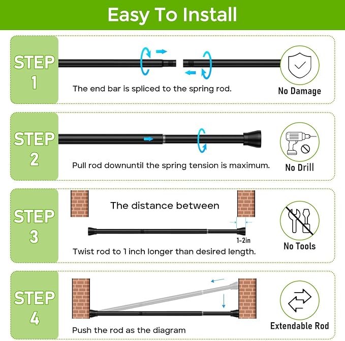 2 Pack Spring Tension Rod 28-48 Inches No Drilling Adjustable Black Spring Loaded Curtain Rod Expandable Extra Long Tension Curtain Rod for Windows,Kitchen,Doorway