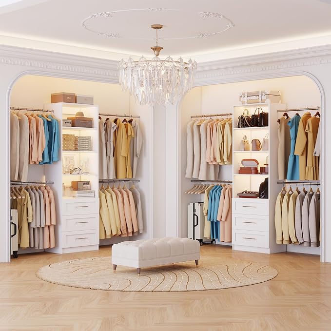 Closet System, 5FT-9FT Closet Organizer System with 4 Expandable Hanging Rods and Moveable Shelves, 115" Walk in Closet System with 3 Wooden Drawers, Custom Built in Closet, Wall Mount