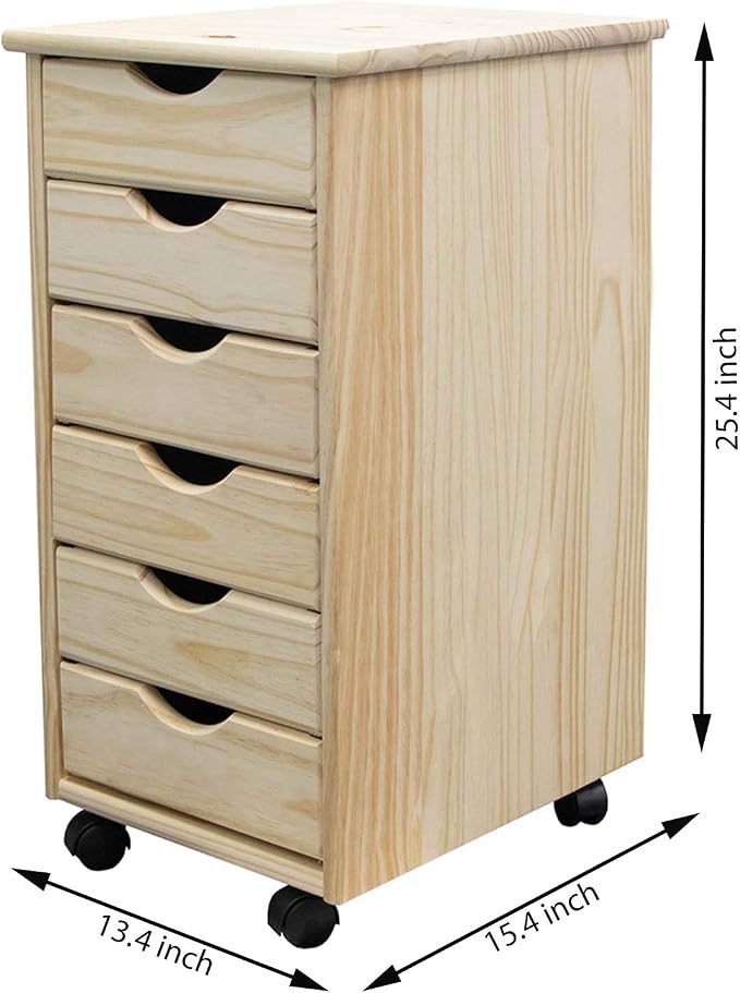 Jela-USA Solid Pine Wood 6 Drawer Rolling Cart, Natural