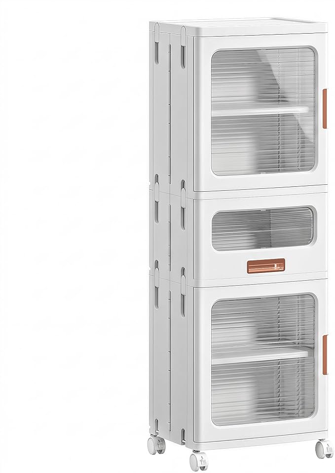 VECELO 3-Tier Narrow Bathroom Storage Cabinet with Drawer, Movable Wheels, Adjustable Shelves, Anti-Tip, Slim, for Small Space, Kitchen, Laundry, White