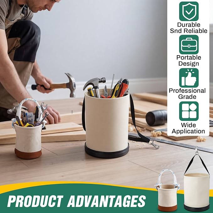 2 Pcs Canvas Bucket Bundle with Large Canvas Tool Bag and Mini Bucket All-Purpose Lineman Bag Tool Organizer for Outdoor Work and Maintenance