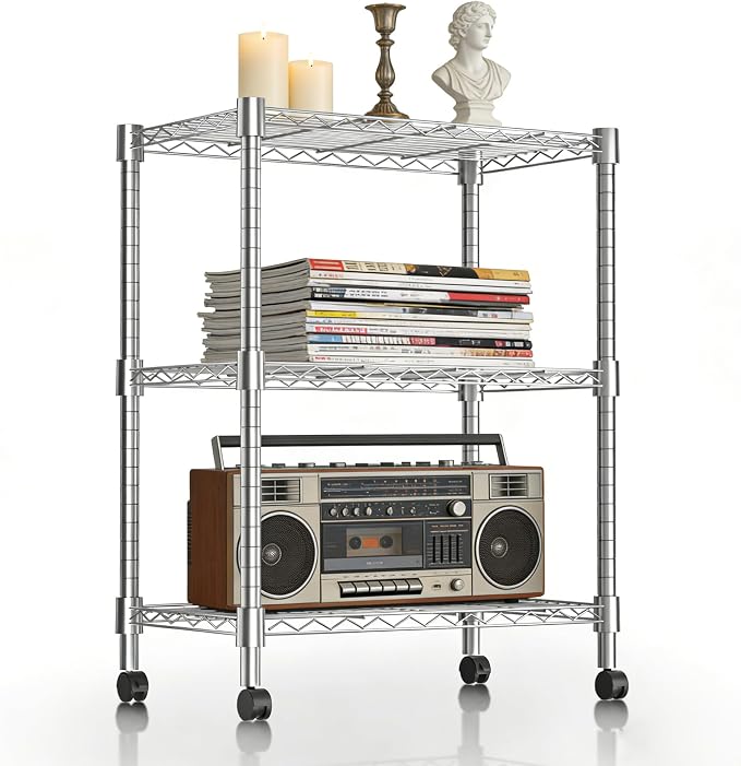 Xcity Storage Shelves, 3 Tier Heavy Duty Metal Shelving Unit with Wheels, 1050 LBS Adjustable Steel Wire Shelf for Commercial, Pantry, Kitchen, Garage, 14" D x 24" W x 30" H, Chrome