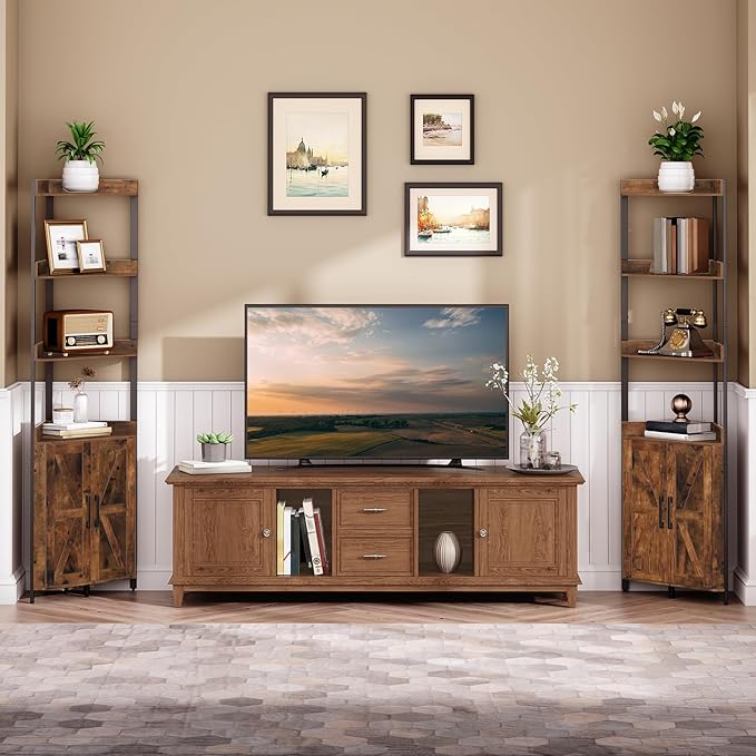 HOOBRO Corner Shelf with Storage, Tall Corner Cabinet, 5-Tier Bookshelf Stand, Storage Cabinet with Protective Fence, for Living Room, Rustic Brown and Black BF78CJ01