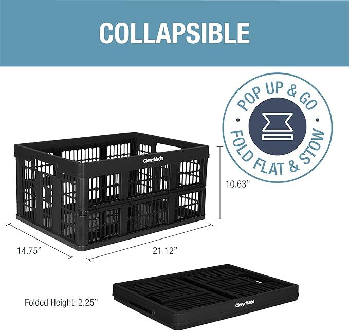 CleverMade Collapsible Utility Crates 45L (3 Pack) – Foldable Plastic Crates with Heavy Duty 66 lb Capacity, Collapsible Crates for Storage, Trunk Organization, Moving - Obsidian