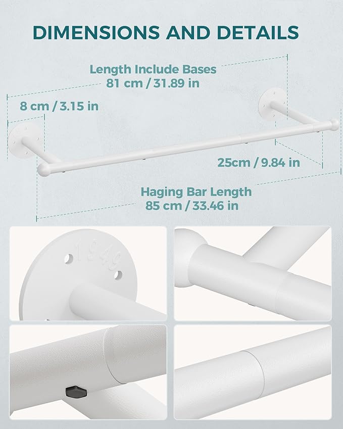 OROPY 33" Industrial Pipe Clothing Rack, Wall Mounted Clothes Rack 2 Pack | White, Closet Rods for Hanging Clothes, Multi-purpose Hanging Rod for Laundry Room, Bedroom and Closet Storage