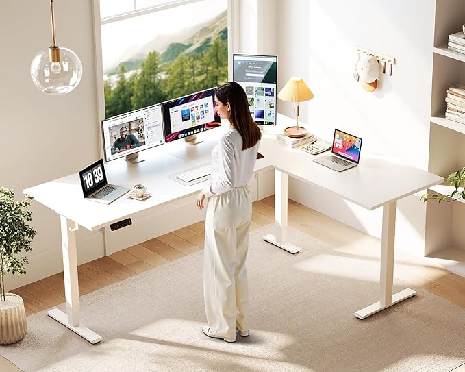 Casaottima 71 Inch L Shaped Electric Standing Desk, Home Office, White | Reversible Corner Desk with Height Adjustment, Ergonomic Sit Stand Table for Home Office, Computer Workstation