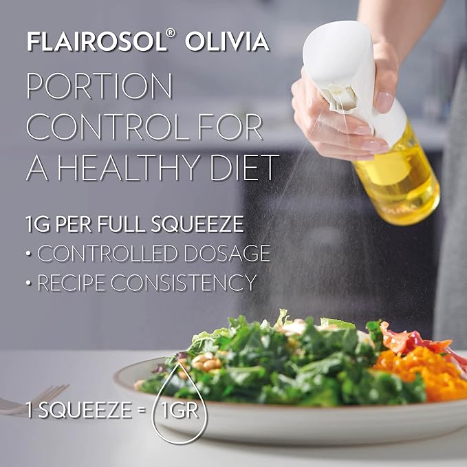 FLAIROSOL OLIVIA Signature The Original Advanced Oil Sprayer for Cooking, Kitchen, Salads, BBQs, Continuous Spray with Portion Control, 130ml Glass Olive Oil Sprayer(White Print)