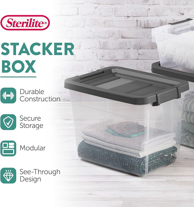 Sterilite 18-Pack Modular Stacker Box, Durable Clear Plastic Storage Bins with Latching Lids, 30 Quart - Stackable Organizing Container Boxes for Closet, Bathroom, and Office