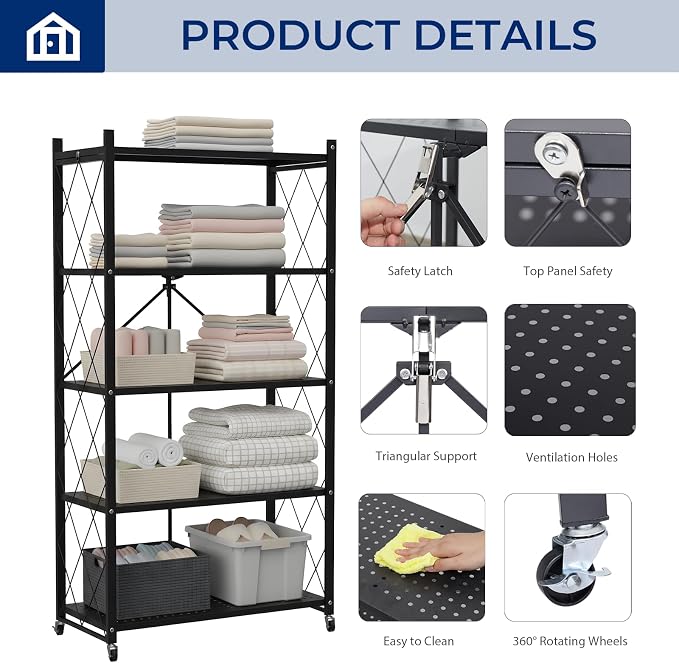 5 Tier Foldable Storage Shelf with Wheels, Heavy-Duty Metal Shelving Unit, No Assembly Book Shelf Rolling Storage Rack for Garage, Kitchen, Pantry, Closet, Exhibition, Office Decor, Black