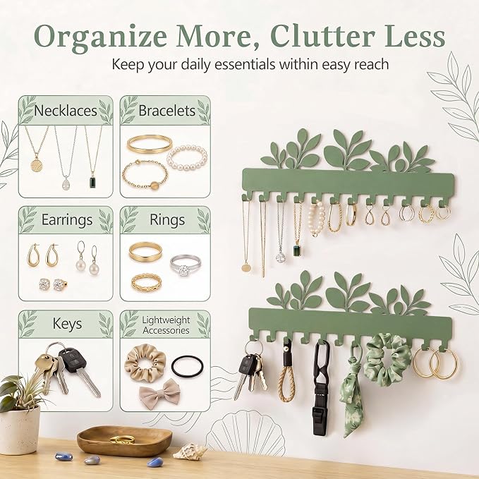 Hicarer 2 Pack Sage Green Eucalyptus Necklace Holder Wall Mount 24 Hooks Adhesive Metal Jewelry Organizer Eucalyptus Decor Bathroom Decor for Earrings Bracelets Rings Keys