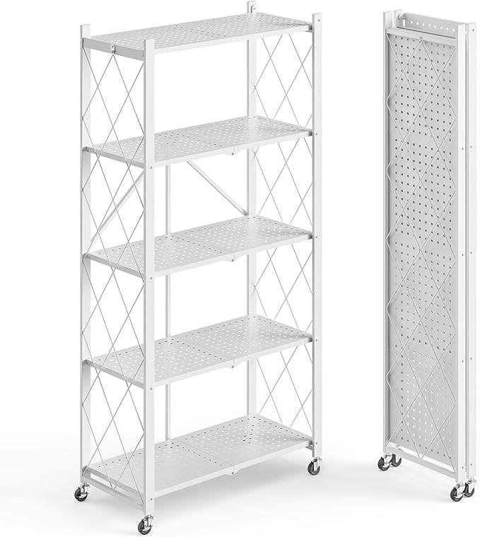 Fenbeli 5 Tier Storage Shelf with Wheels - Metal Collapsible Shelving Unit Display, Heavy Duty Folding Shelves, No Assembly Organizer Rack for Garage Kitchen, Basement, Pantry (White, 5 Tier)
