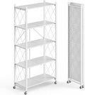 Fenbeli 5 Tier Storage Shelf with Wheels - Metal Collapsible Shelving Unit Display, Heavy Duty Folding Shelves, No Assembly Organizer Rack for Garage Kitchen, Basement, Pantry (White, 5 Tier)
