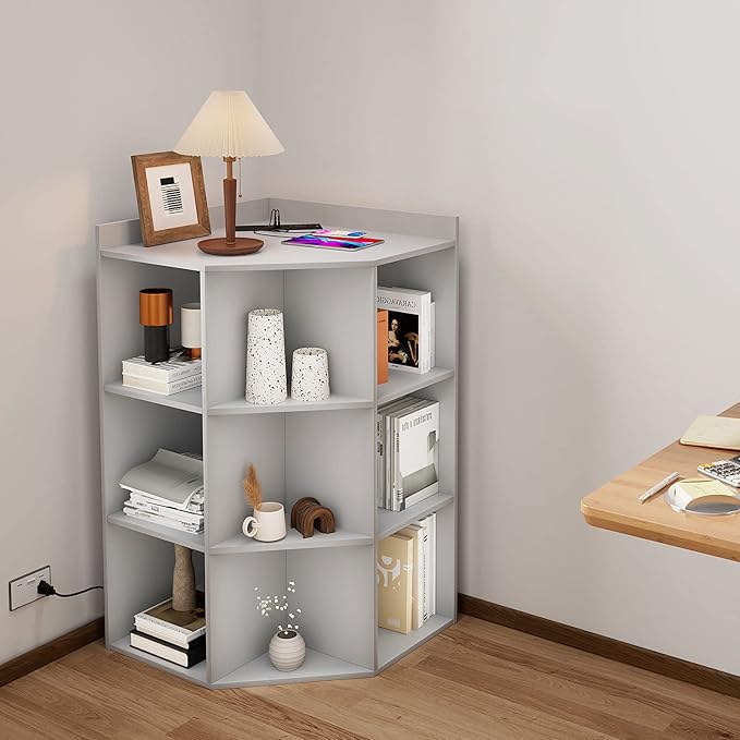 HedoAjim Corner Cabinet, Corner Storage Shelf with USB Ports and Outlets Industrial Organizer for Small Space Wooden 9-Cubby Bookshelf for Study, Playroom, Living Room (Grey)
