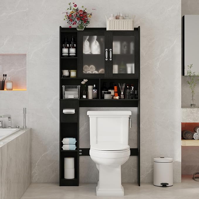 Vabches Over The Toilet Storage Cabinet, Farmhouse Storage Cabinet Over Toilet with Acrylic Doors，Home Space-Saving Toilet Rack, for Bathroom, Restroom, Laundry (Black)