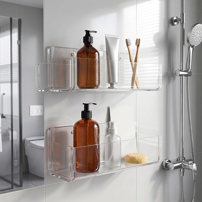 MAQUITA 4 Pack 9 Inch Acrylic Spice Rack Wall Mount, Clear Spice Shelf Storage Holder, Adhesive or Screw Hanging Wall Seasoning Rack Organizer for Cabinet Door, Cupboard, Kitchen