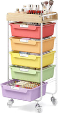 SYKIARIOL Utility Cart with 5 Labeling Drawers and Wooden Tabletop – Rolling Storage Cart for Crafters, Artists, Kids, Teachers, and Students – Organize Arts, Crafts, Sewing & Study Supplies