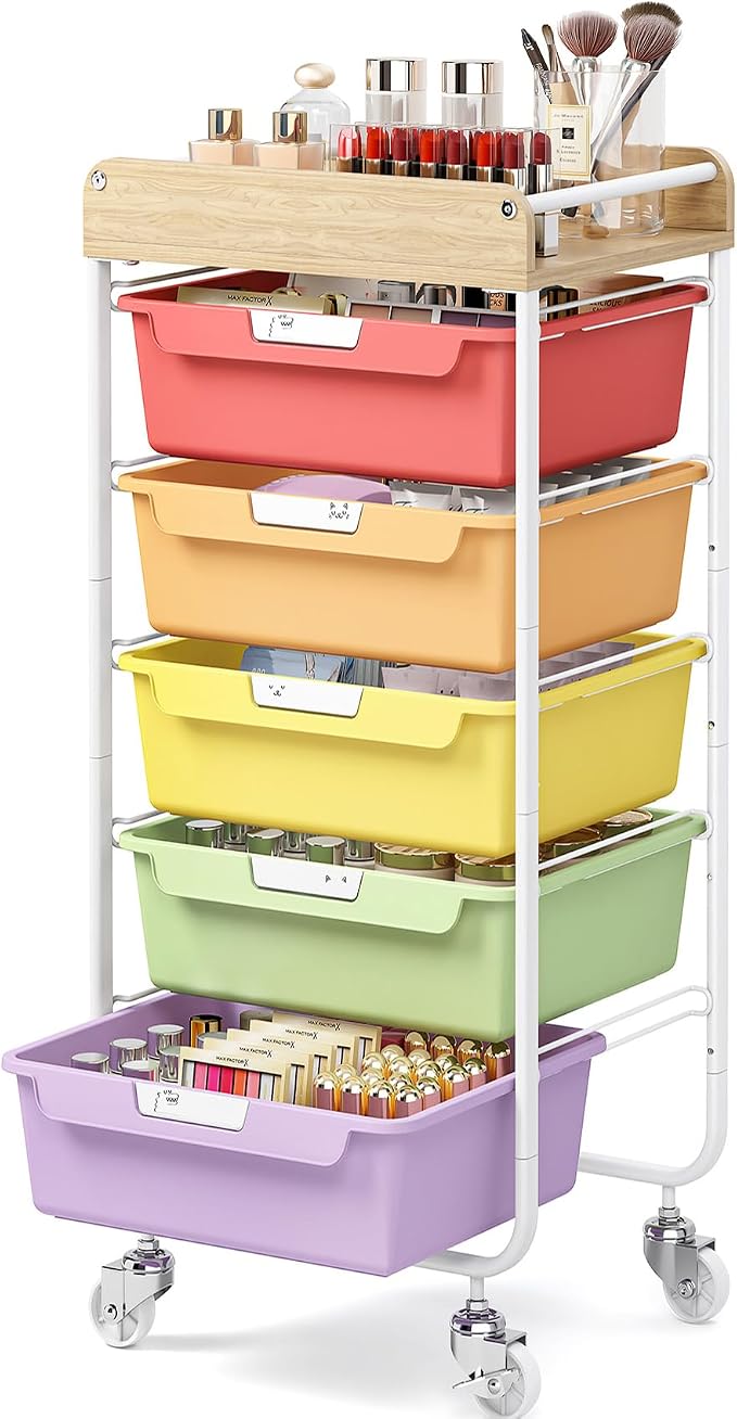 SYKIARIOL Utility Cart with 5 Labeling Drawers and Wooden Tabletop – Rolling Storage Cart for Crafters, Artists, Kids, Teachers, and Students – Organize Arts, Crafts, Sewing & Study Supplies