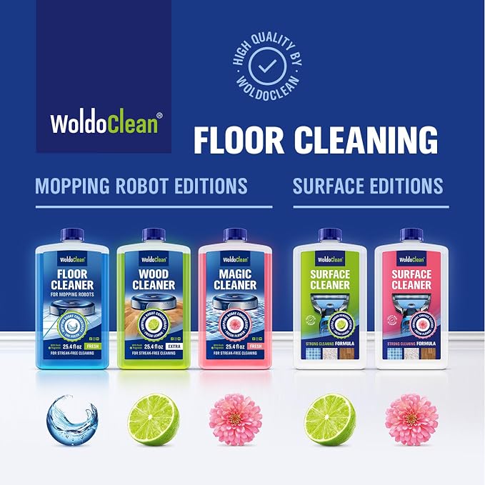 WoldoClean Robot Mop Cleaning Solution 25.4 fl.oz - Hard Floor Cleaner Liquid Concentrate, Anti-Clog, Fresh Scent, Compatible with Roborock, Dreame, Roomba, Tineco, iRobot Braava Jet, Shark