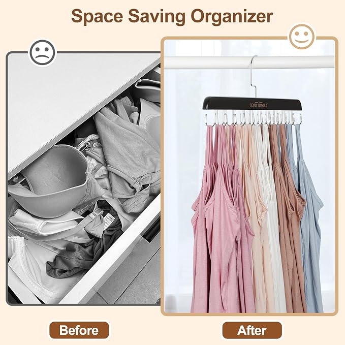 TOPIA HANGER 2 Pack Bra Hanger for Closet, Premium Wooden Tank Top Hangers | 40 Foldable Hooks, 360°Rotating Hooks, Easy to Install, Durable Solid Wood, Space Saving Storage for Tank Tops, Bras, Belts