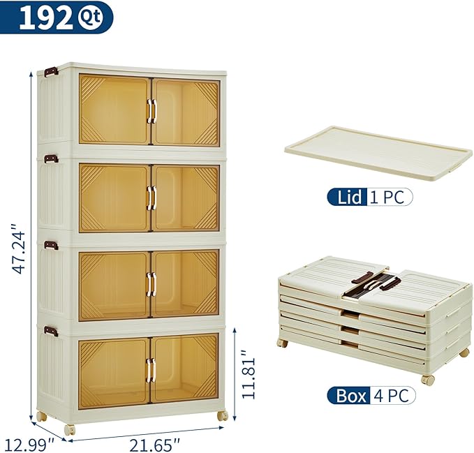 Garvee 192QT Stackable Storage Bins, Plastic Bins for Storage with Lids, Plastic Storages Drawers with Magnetic Doors & Wheels, Foldable Collapsible Closet Organizers for Home, Dorm, Office, White