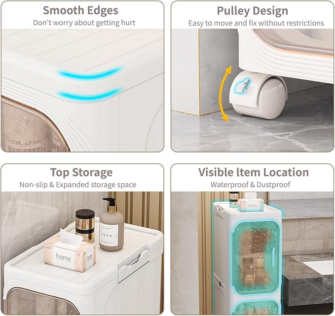 5 Tier Slim Bathroom Storage Cabinet, Foldable and Movable, Beige | Tools Free, ABS and PET, Magnetic Clear Door, Adjustable Shelves, Lockable Wheels, Water Resistant, For Narrow Space