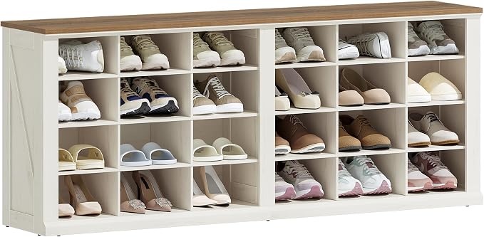 Hzuaneri Shoe Storage Bench, Wooden Entryway Shoe Benches with Cubby | Widened Wooden Farmhouse Shoe Bench with Compartments, Shoe Rack Benches for Cloakroom, Living Room, Antique White SB52514B