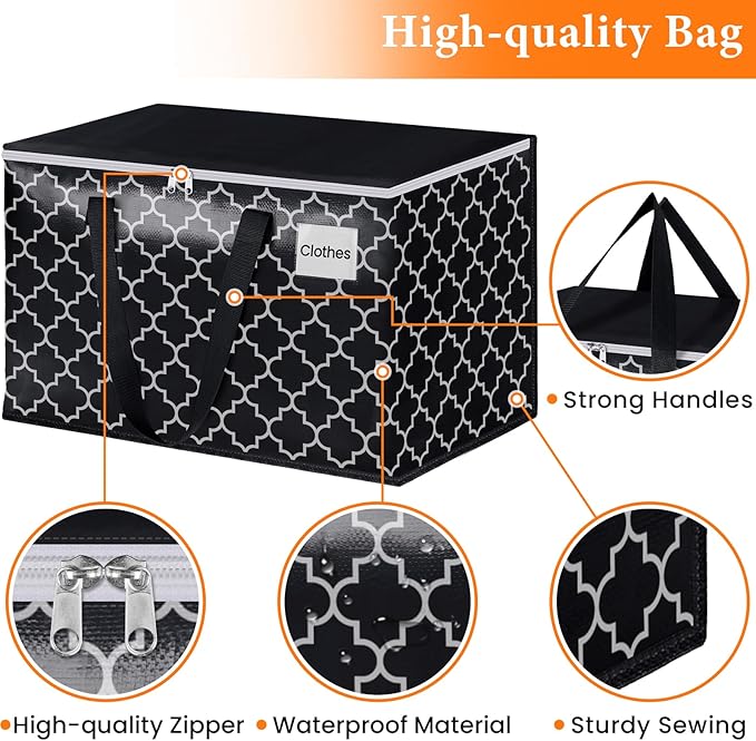HomeHacks Heavy Duty Moving Bags with Tag Pockets, Collapsible Storage Totes for Moving, Camping & Travel -Foldable Packing Boxes, Zipper Handles, Black（6 Packs, 88L）