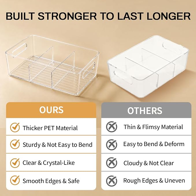 Mpotmiy 4 Pack Clear Pantry Organizers and Storage Bins with Divider, Transparent Plastic Basket, Refrigerator and Fridge Bins